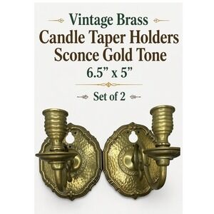 Vintage Brass Wall Sconce Candle Taper Holders Gold Tone Hammered 6.5x5 Set 2